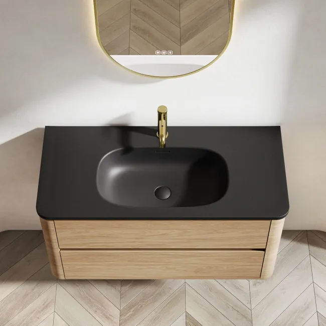 Jerez Country Oak Wall Hung Drawer Vanity with Black Basin 1000mm