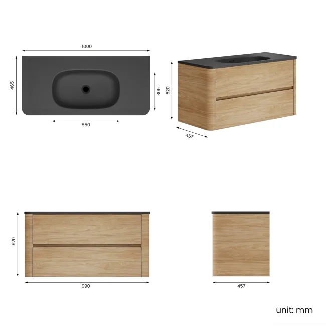 Jerez Country Oak Wall Hung Drawer Vanity with Black Basin 1000mm