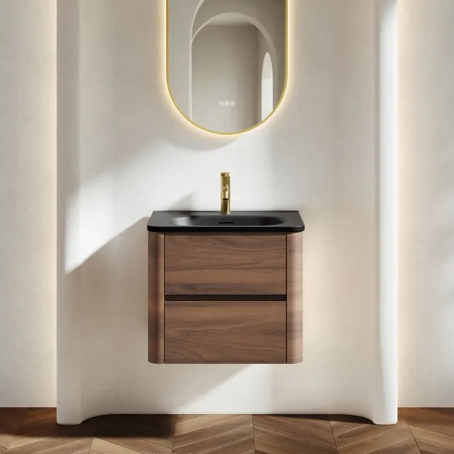 Jerez Black Walnut Wall Hung Drawer Vanity with Black Basin 600mm