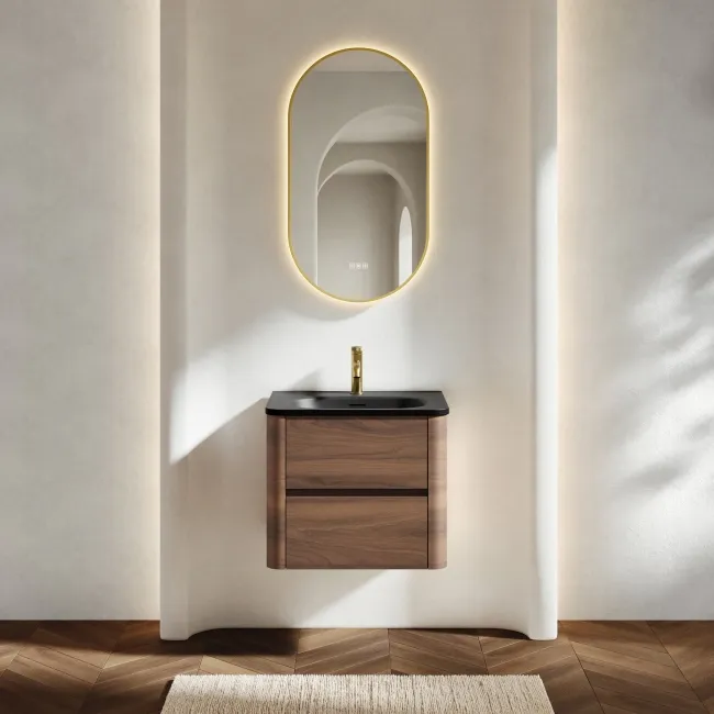 Jerez Black Walnut Wall Hung Drawer Vanity with Black Basin 600mm