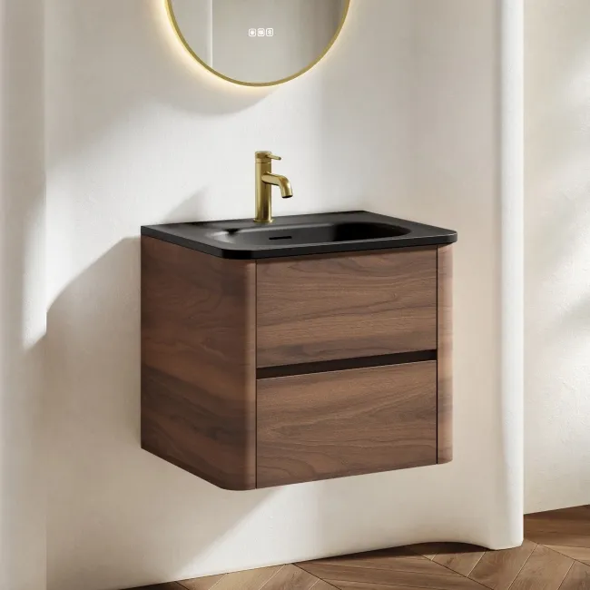 Jerez Black Walnut Wall Hung Drawer Vanity with Black Basin 600mm