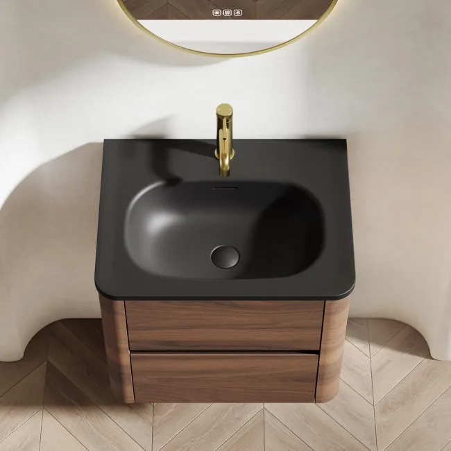 Jerez Black Walnut Wall Hung Drawer Vanity with Black Basin 600mm