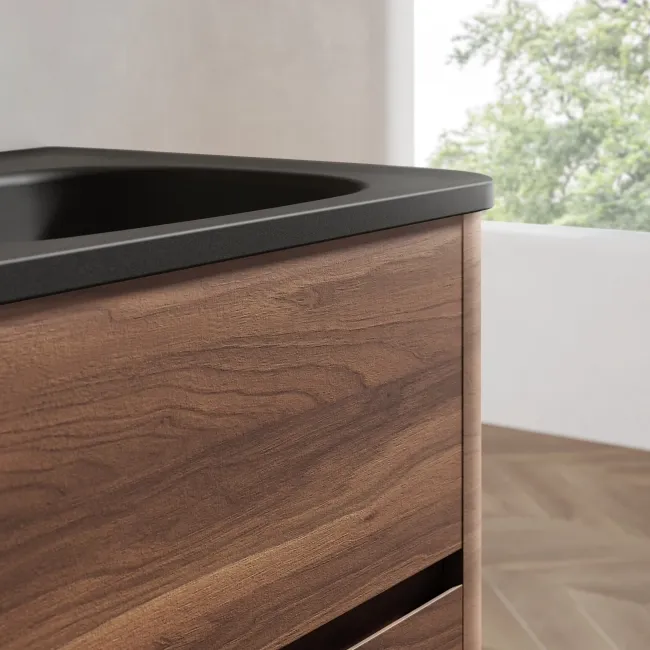 Jerez Black Walnut Wall Hung Drawer Vanity with Black Basin 600mm