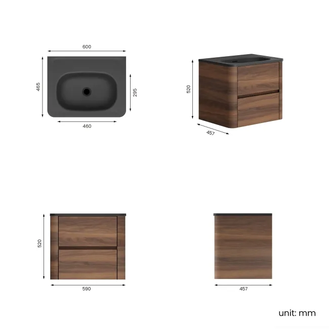 Jerez Black Walnut Wall Hung Drawer Vanity with Black Basin 600mm