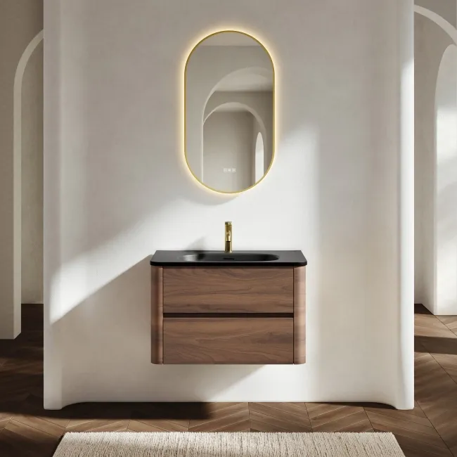 Jerez Black Walnut Wall Hung Drawer Vanity with Black Basin 800mm