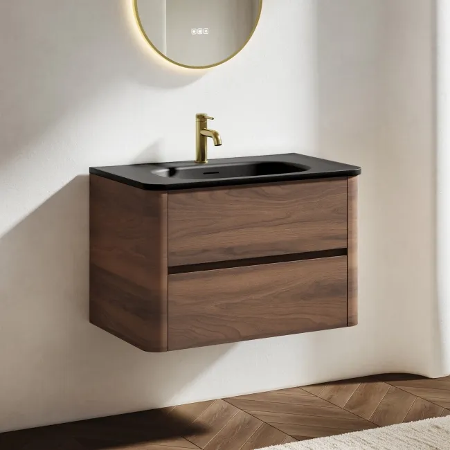 Jerez Black Walnut Wall Hung Drawer Vanity with Black Basin 800mm