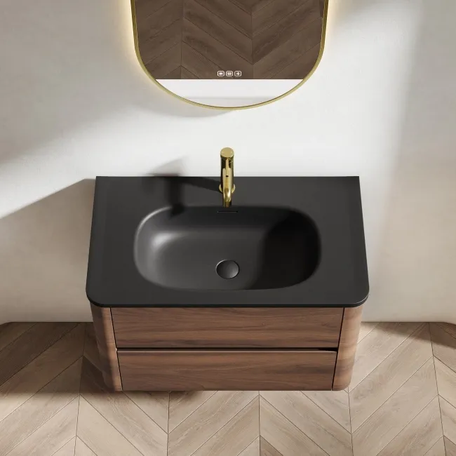 Jerez Black Walnut Wall Hung Drawer Vanity with Black Basin 800mm