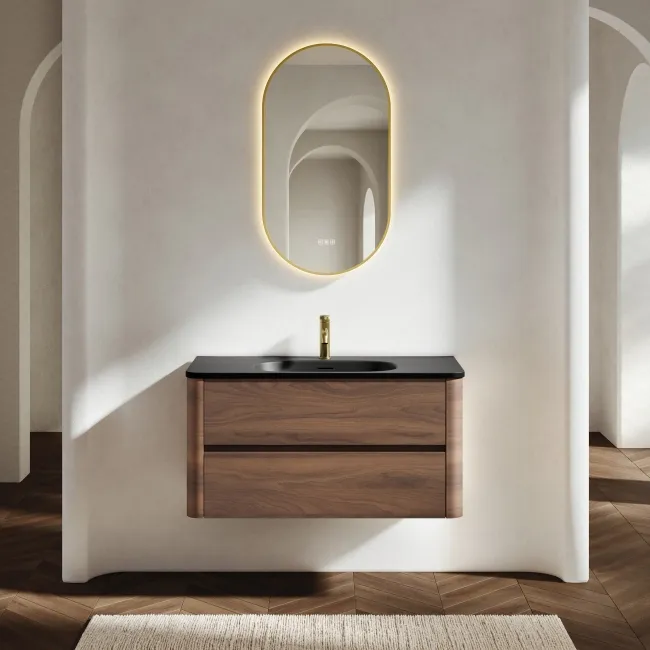Jerez Black Walnut Wall Hung Drawer Vanity with Black Basin 1000mm