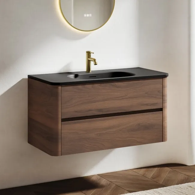 Jerez Black Walnut Wall Hung Drawer Vanity with Black Basin 1000mm