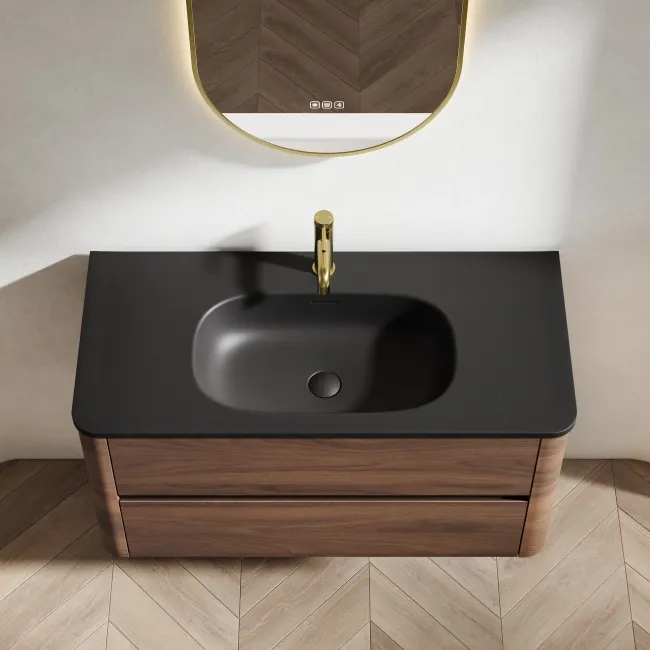 Jerez Black Walnut Wall Hung Drawer Vanity with Black Basin 1000mm