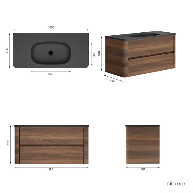 Jerez Black Walnut Wall Hung Drawer Vanity with Black Basin 1000mm