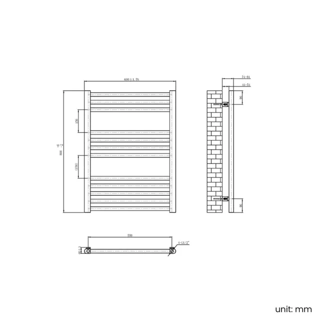 Naples Electric Premium Brushed Copper Straight Heated Towel Rail 800x600mm