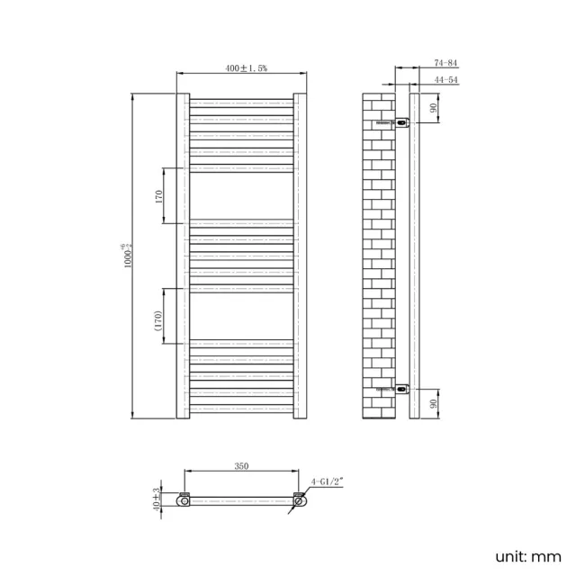 Naples Electric Premium Brushed Copper Straight Heated Towel Rail 1000x400mm