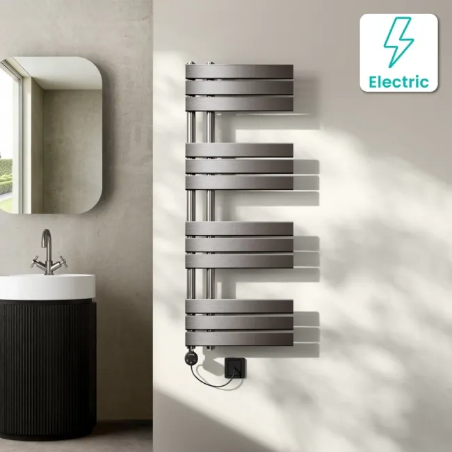 Seville Electric Brushed Gunmetal Designer Flat Panel Heated Towel Rail 1200x450mm