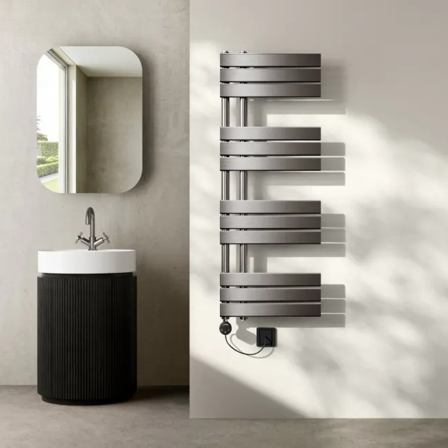 Seville Electric Brushed Gunmetal Designer Flat Panel Heated Towel Rail 1200x450mm