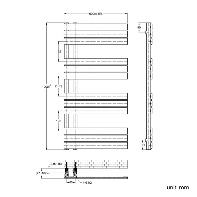 Seville Electric Brushed Gunmetal Designer Flat Panel Heated Towel Rail 1200x600mm