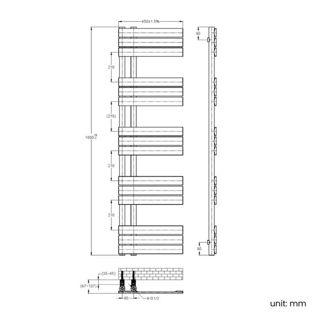 Seville Electric Brushed Gunmetal Designer Flat Panel Heated Towel Rail 1600x450mm