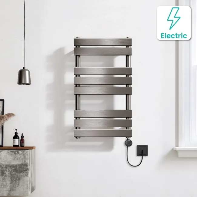 Santorini Electric Brushed Gunmetal Flat Panel Heated Towel Rail 800x450mm
