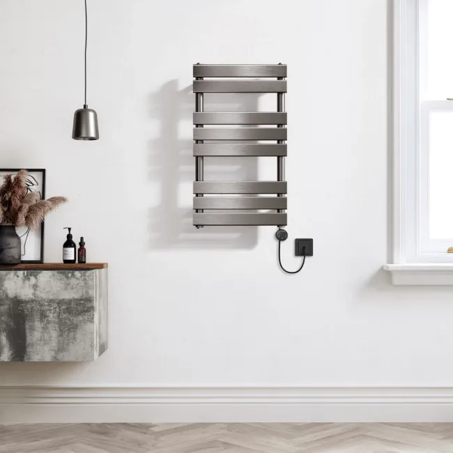 Santorini Electric Brushed Gunmetal Flat Panel Heated Towel Rail 800x450mm