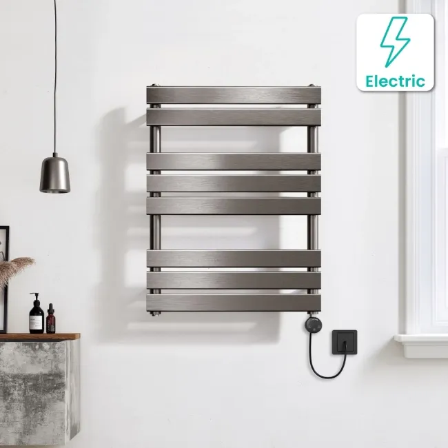 Santorini Electric Brushed Gunmetal Flat Panel Heated Towel Rail 800x600mm