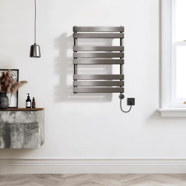 Santorini Electric Brushed Gunmetal Flat Panel Heated Towel Rail 800x600mm