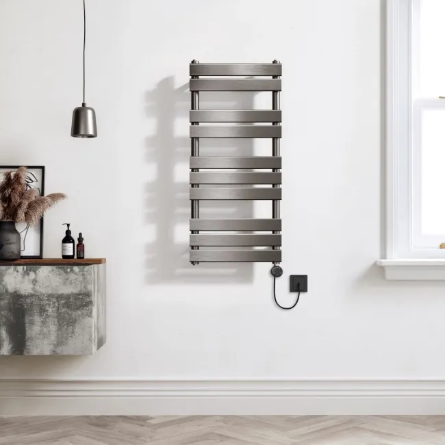 Santorini Electric Brushed Gunmetal Flat Panel Heated Towel Rail 1000x450mm