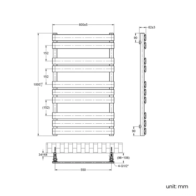 Santorini Electric Brushed Gunmetal Flat Panel Heated Towel Rail 1000x600mm