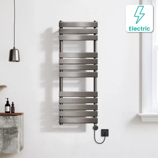 Santorini Electric Brushed Gunmetal Flat Panel Heated Towel Rail 1200x450mm