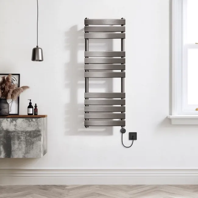 Santorini Electric Brushed Gunmetal Flat Panel Heated Towel Rail 1200x450mm