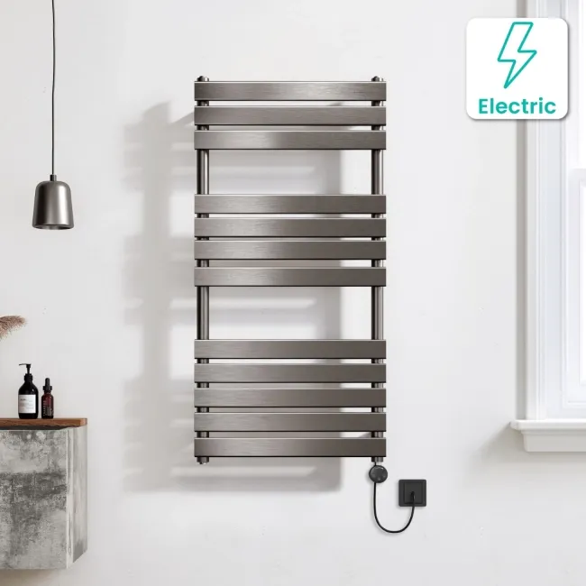 Santorini Electric Brushed Gunmetal Flat Panel Heated Towel Rail 1200x600mm