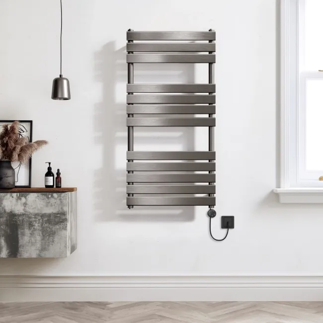 Santorini Electric Brushed Gunmetal Flat Panel Heated Towel Rail 1200x600mm