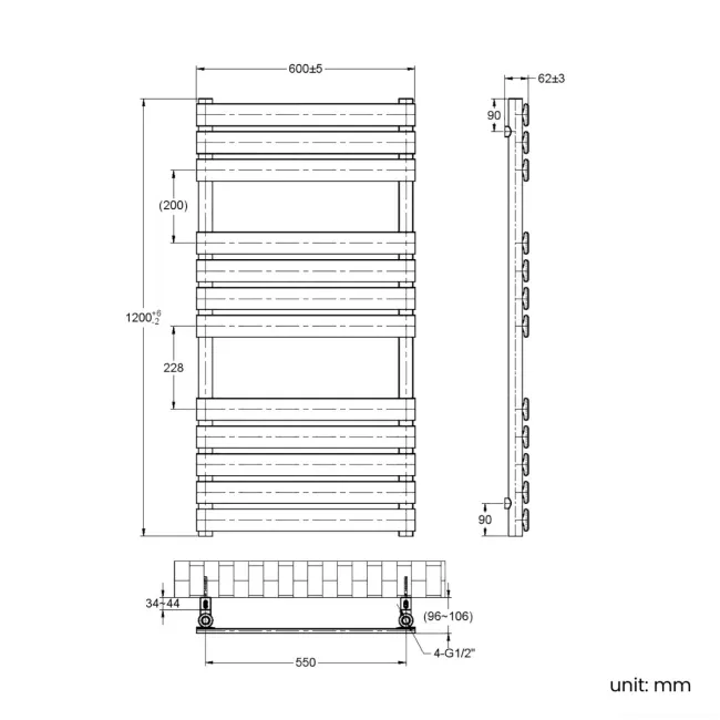 Santorini Electric Brushed Gunmetal Flat Panel Heated Towel Rail 1200x600mm
