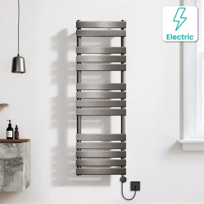 Santorini Electric Brushed Gunmetal Flat Panel Heated Towel Rail 1400x450mm