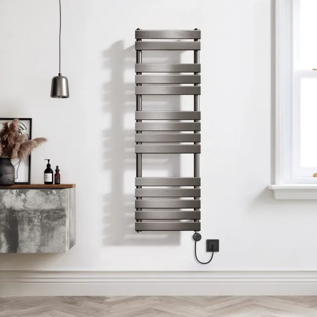 Santorini Electric Brushed Gunmetal Flat Panel Heated Towel Rail 1400x450mm