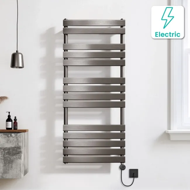 Santorini Electric Brushed Gunmetal Flat Panel Heated Towel Rail 1400x600mm