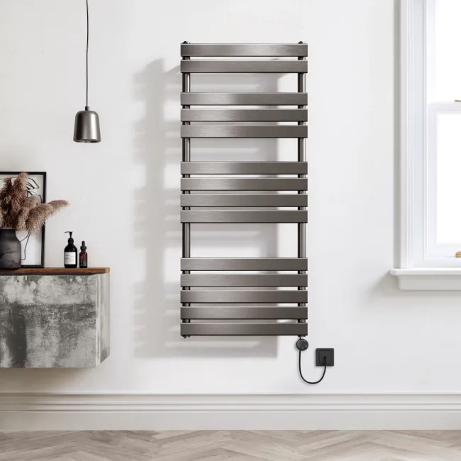 Santorini Electric Brushed Gunmetal Flat Panel Heated Towel Rail 1400x600mm