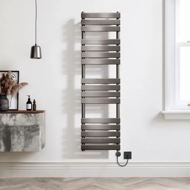 Santorini Electric Brushed Gunmetal Flat Panel Heated Towel Rail 1600x450mm