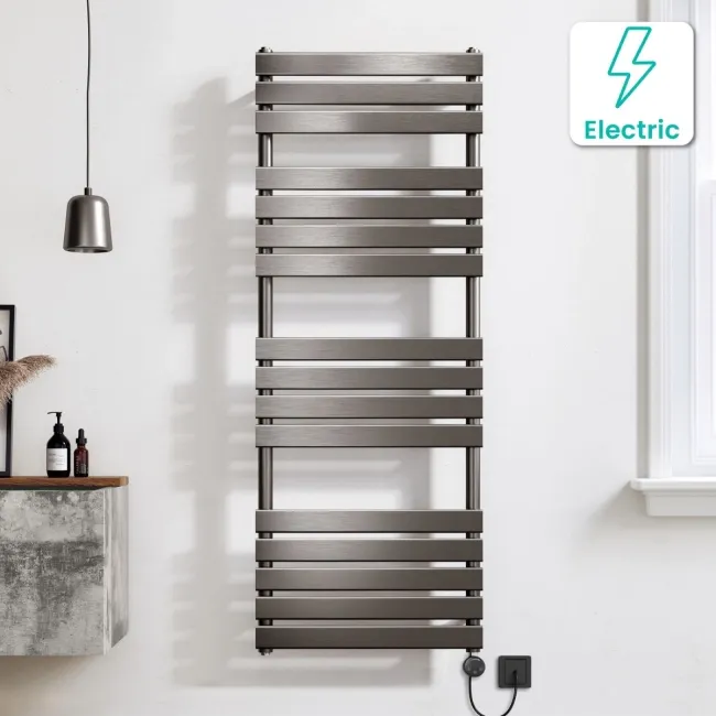 Santorini Electric Brushed Gunmetal Flat Panel Heated Towel Rail 1600x600mm