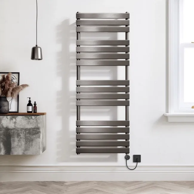 Santorini Electric Brushed Gunmetal Flat Panel Heated Towel Rail 1600x600mm
