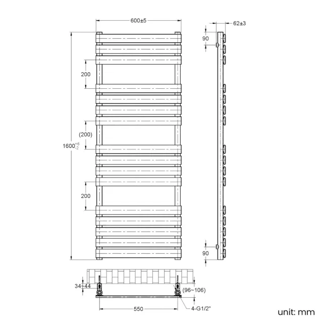 Santorini Electric Brushed Gunmetal Flat Panel Heated Towel Rail 1600x600mm