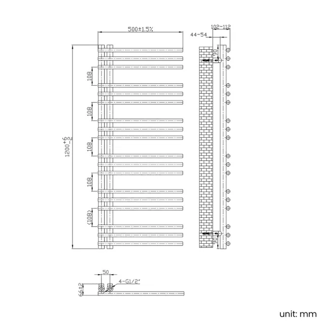Cannes Electric Brushed Gunmetal Designer Heated Towel Rail 1200x500mm
