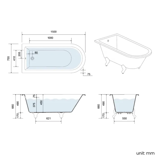 Abingdon 1500 Roll Top Shower Bath - Brushed Brass Ball Feet & 6mm Easy Clean Brushed Brass Bath Screen