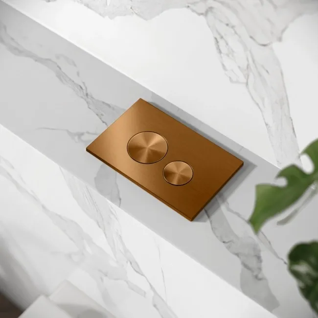 Idaho Pneumatic Top & Front Compact Wall Hung Toilet Frame and Concealed Cistern with Brushed Copper Flush Plate - Round Buttons