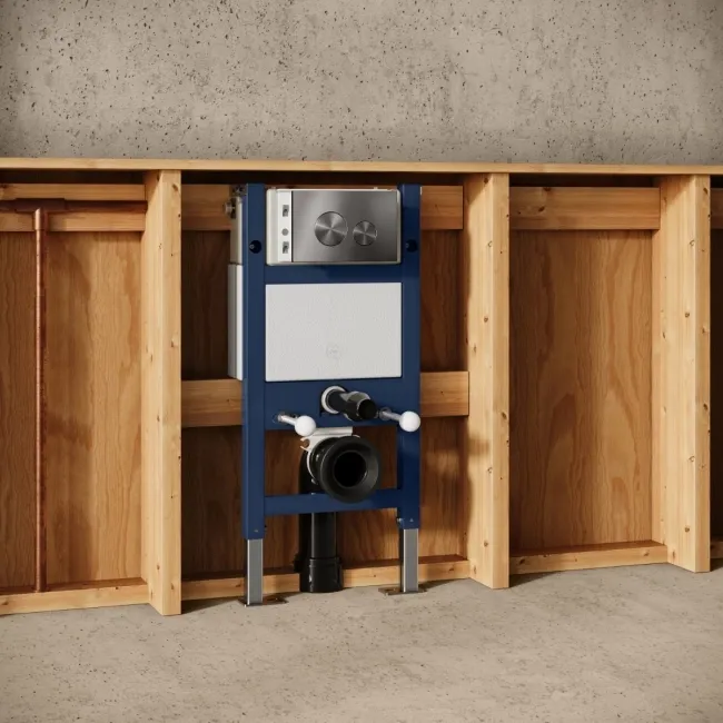 Idaho Pneumatic Top & Front Compact Wall Hung Toilet Frame and Concealed Cistern with Brushed Gunmetal Flush Plate - Round Buttons