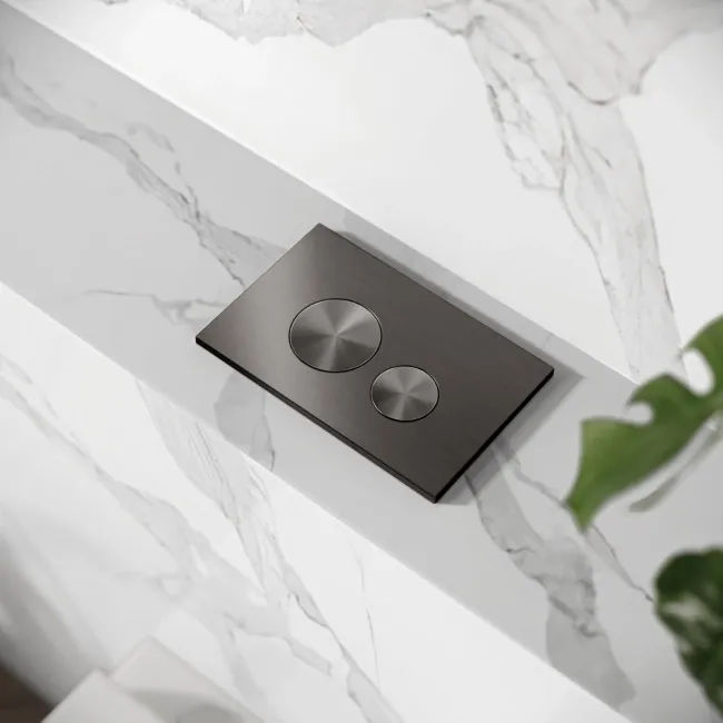 Idaho Pneumatic Top & Front Compact Wall Hung Toilet Frame and Concealed Cistern with Brushed Gunmetal Flush Plate - Round Buttons