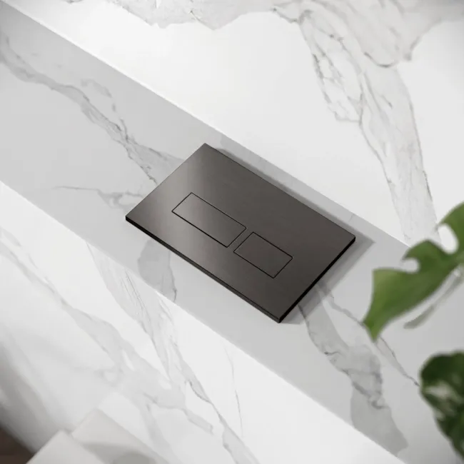 Idaho Pneumatic Top & Front Compact Wall Hung Toilet Frame and Concealed Cistern with Brushed Gunmetal Flush Plate - Square Buttons