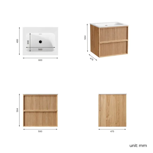 Bora Natural Oak Wall Hung Basin Drawer Vanity 600mm