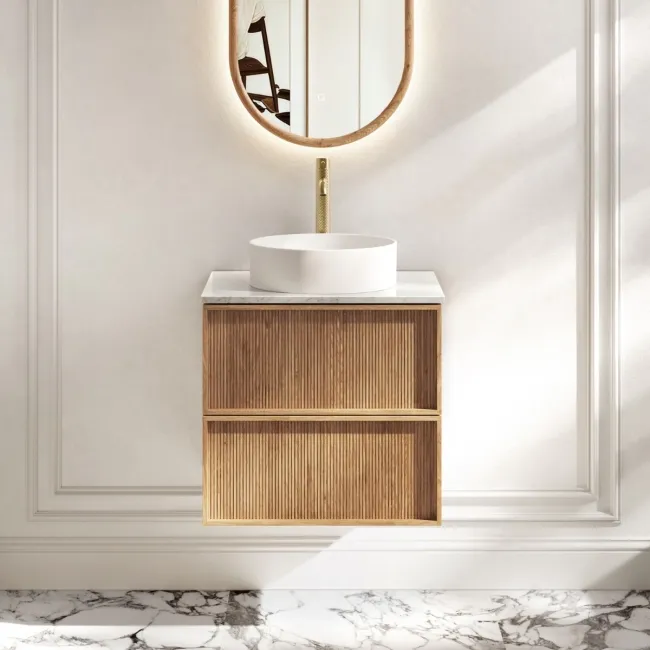 Bora Natural Oak Wall Hung Vanity Drawer with Carrara Marble Top 600mm - Basin Not Included