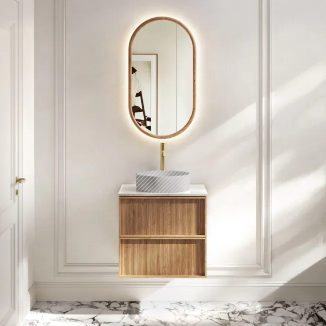 Bora Natural Oak Wall Hung Vanity Drawer with Carrara Marble Top 600mm - Basin Not Included