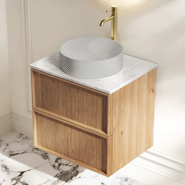 Bora Natural Oak Wall Hung Vanity Drawer with Carrara Marble Top 600mm - Basin Not Included